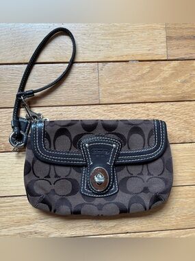 Vintage Classic Coach Brown Monogram Fabric and Leather Wristlet